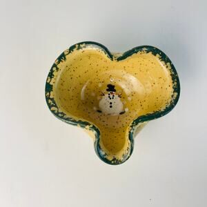 Three Rivers Speckled Studio Pottery Hand Painted Snowman Bowl 4 1/2” Green Trim